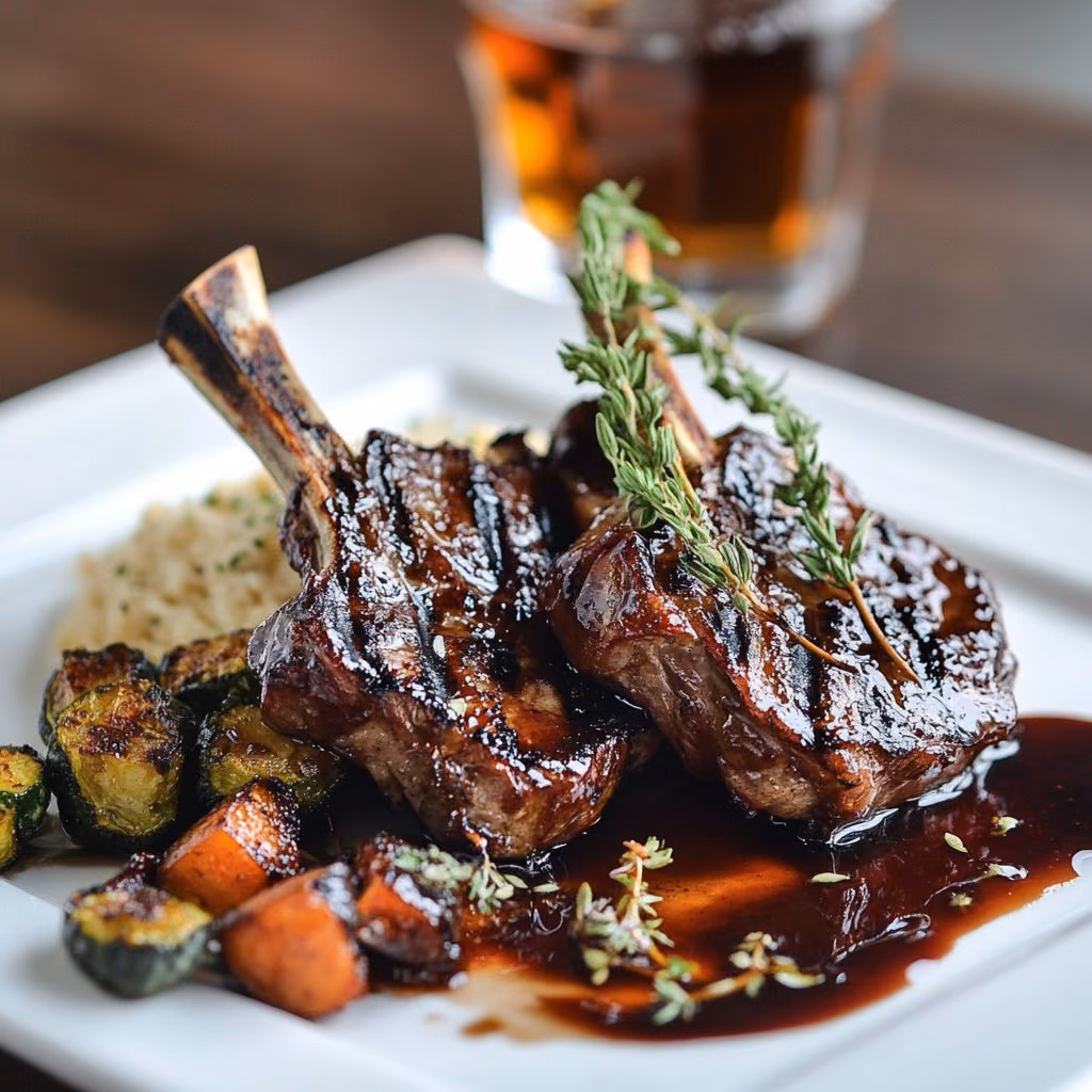 Grilled lamb chops with roasted vegetables — food photography by Seth Dobie