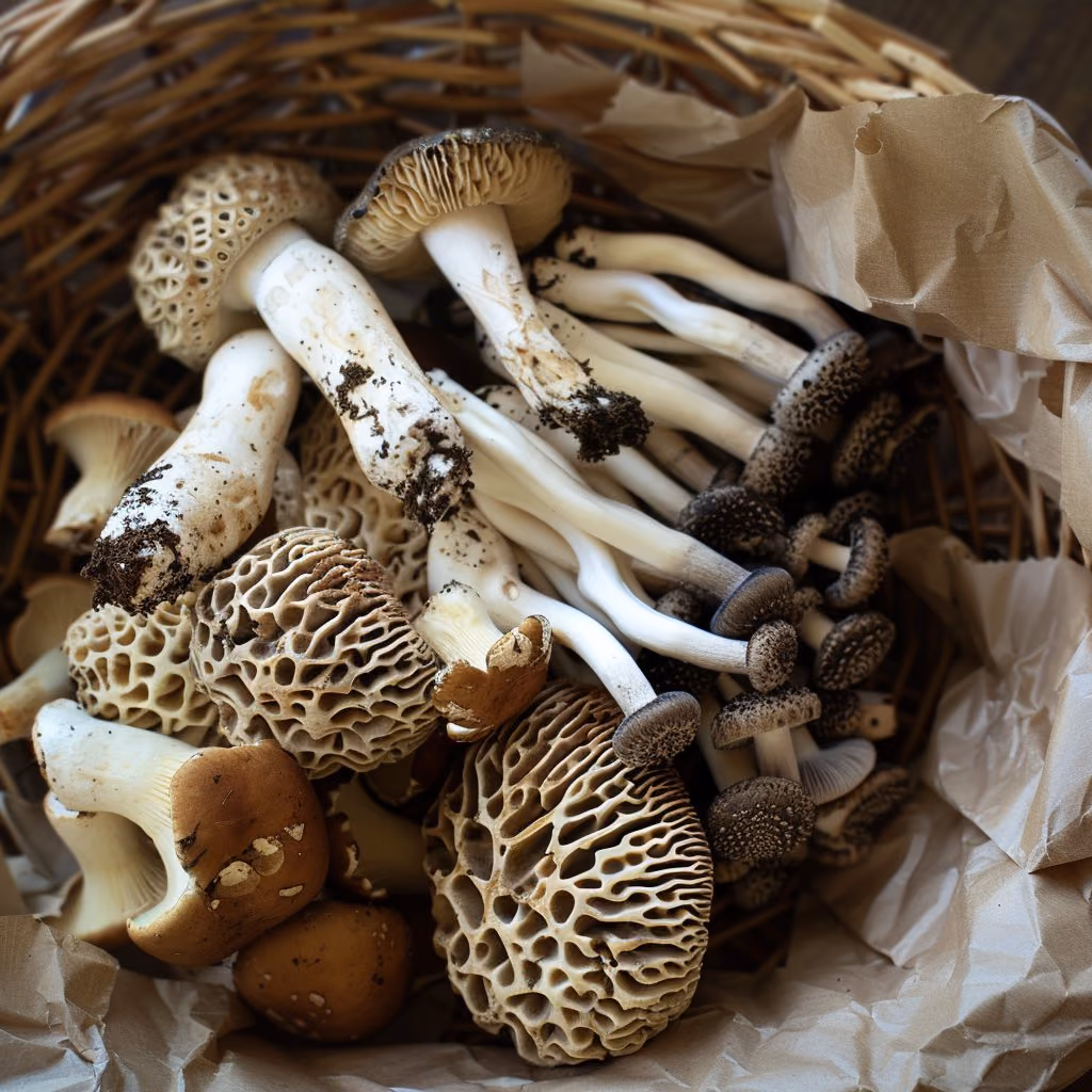 Foraged wild mushrooms in a basket — food photography by Seth Dobie
