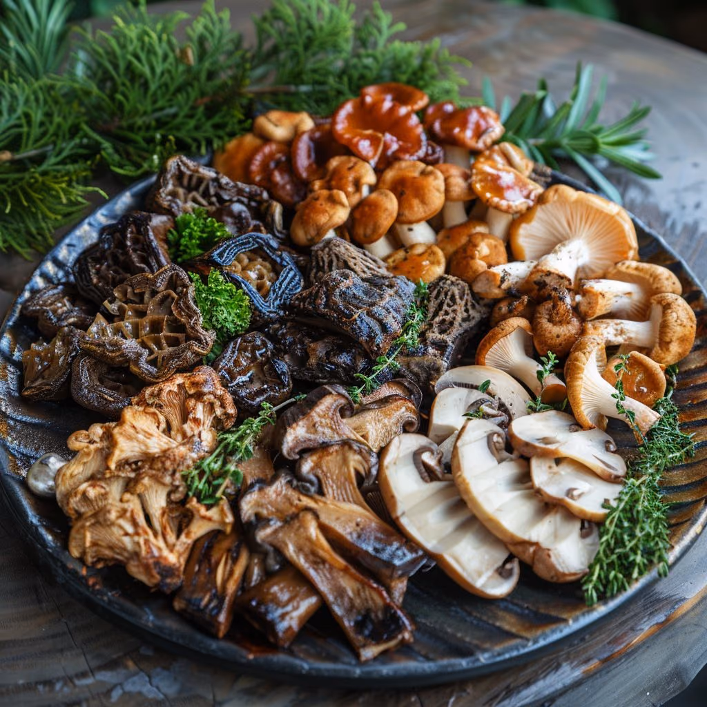 Assorted wild mushroom platter with herbs — food photography by Seth Dobie