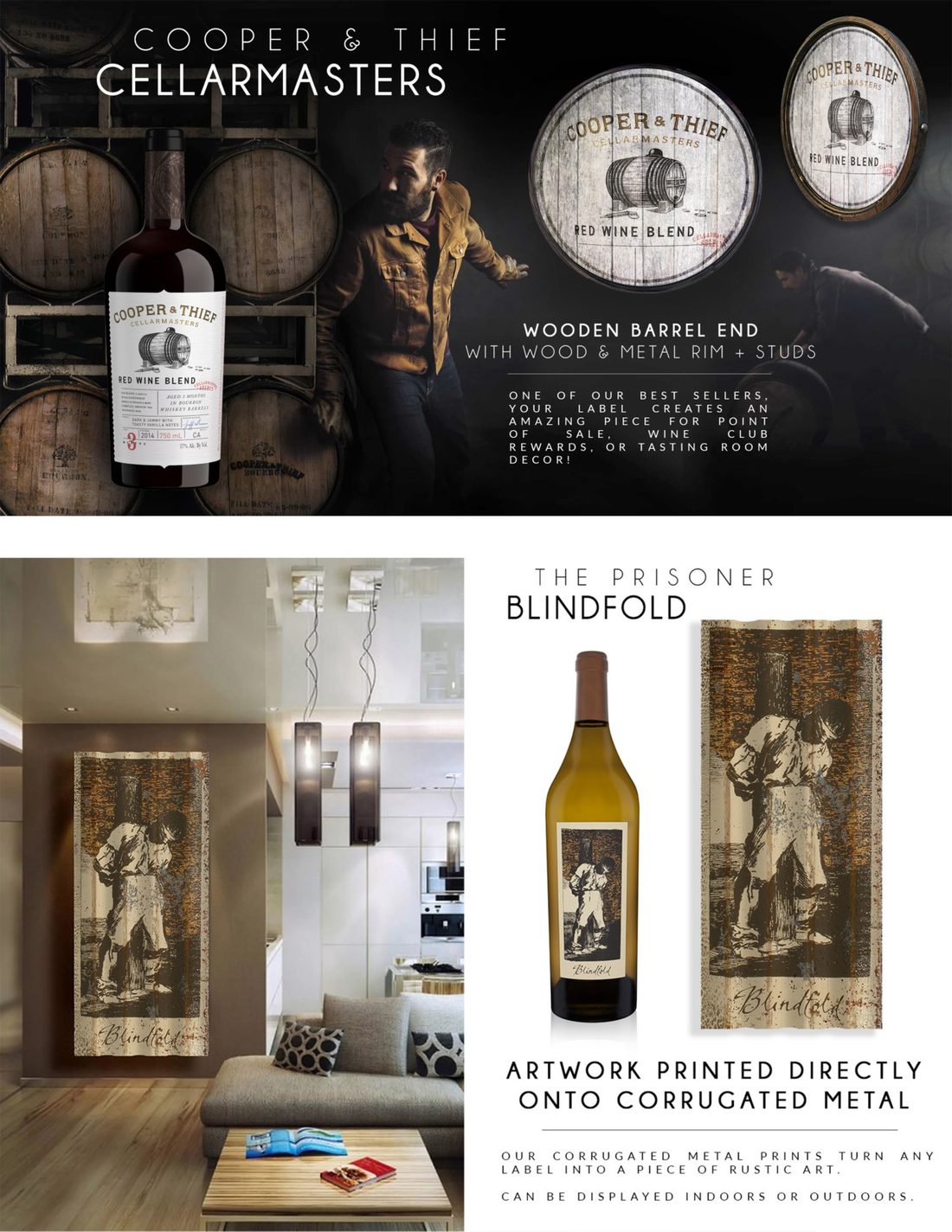 Cooper and Thief Cellarmasters wine packaging design on a wooden barrel end