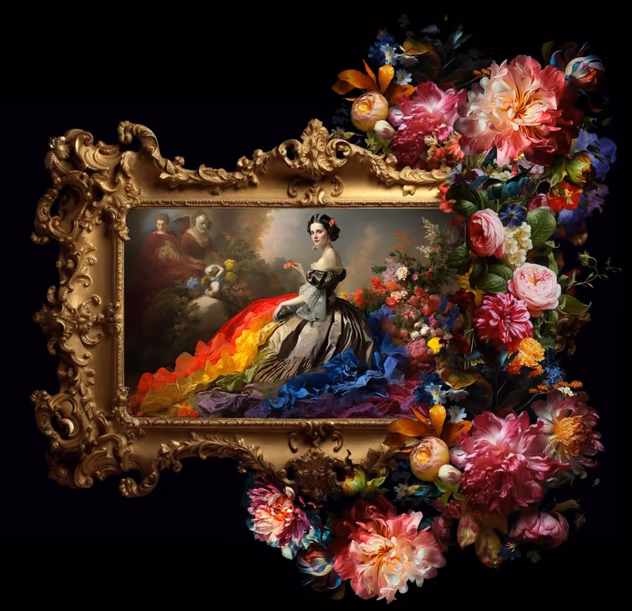 Digital collage of a framed classical portrait surrounded by a floral arrangement