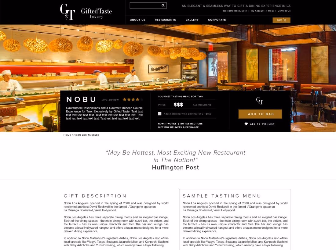 GiftedTaste LA website restaurant detail page design mockup