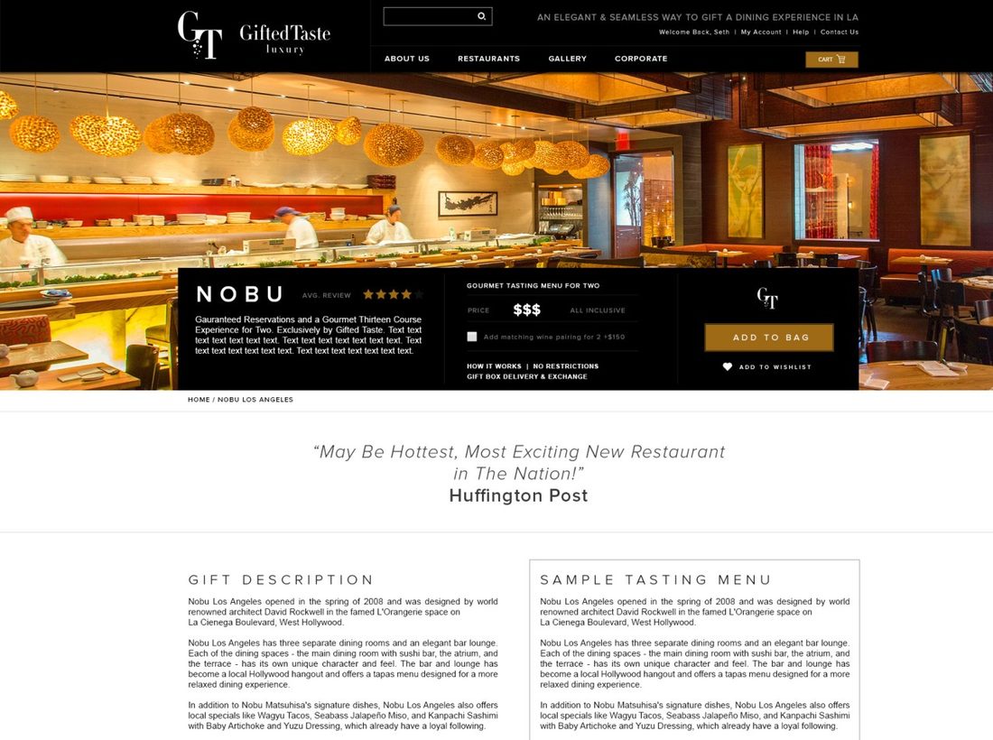 GiftedTaste LA website restaurant detail page design mockup