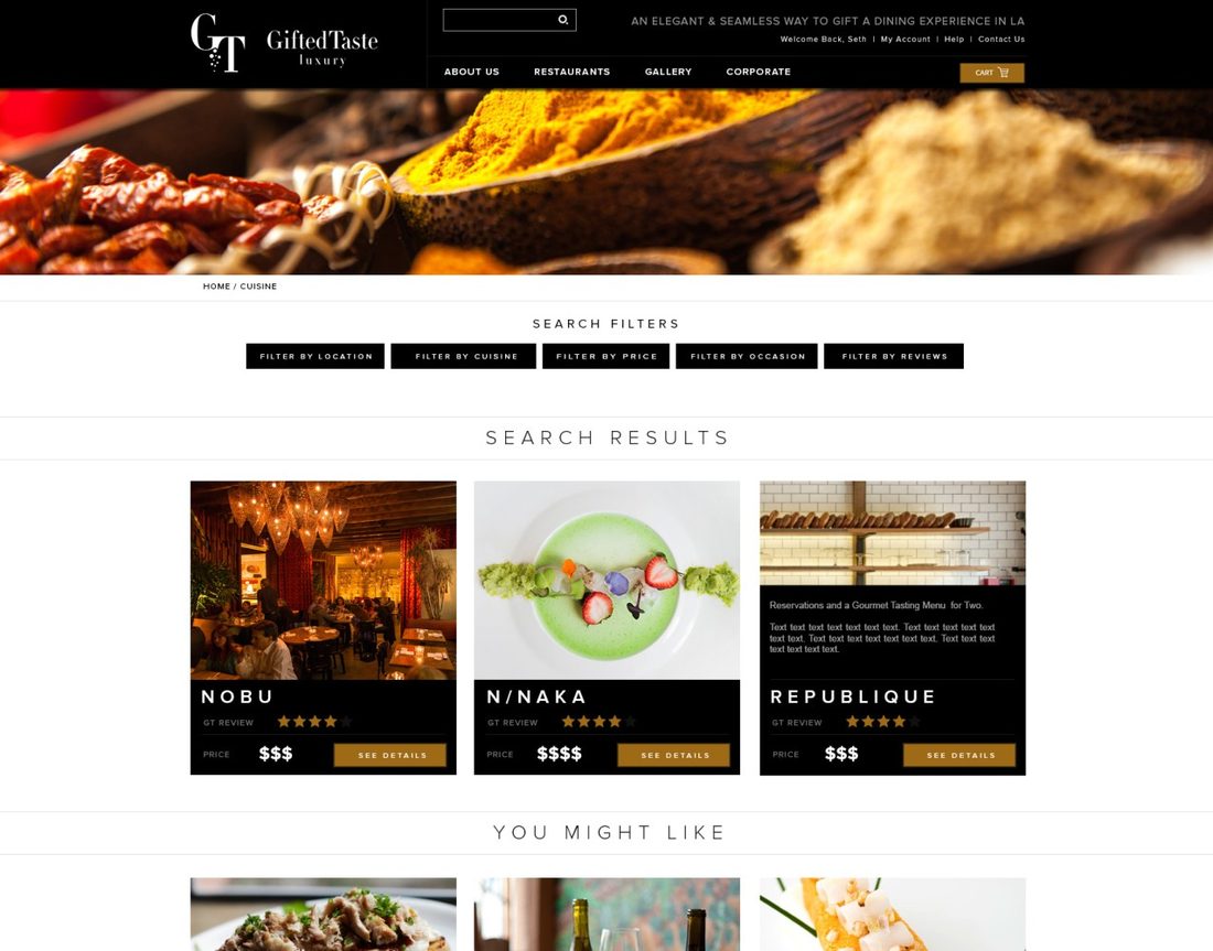 GiftedTaste LA website search results page design mockup