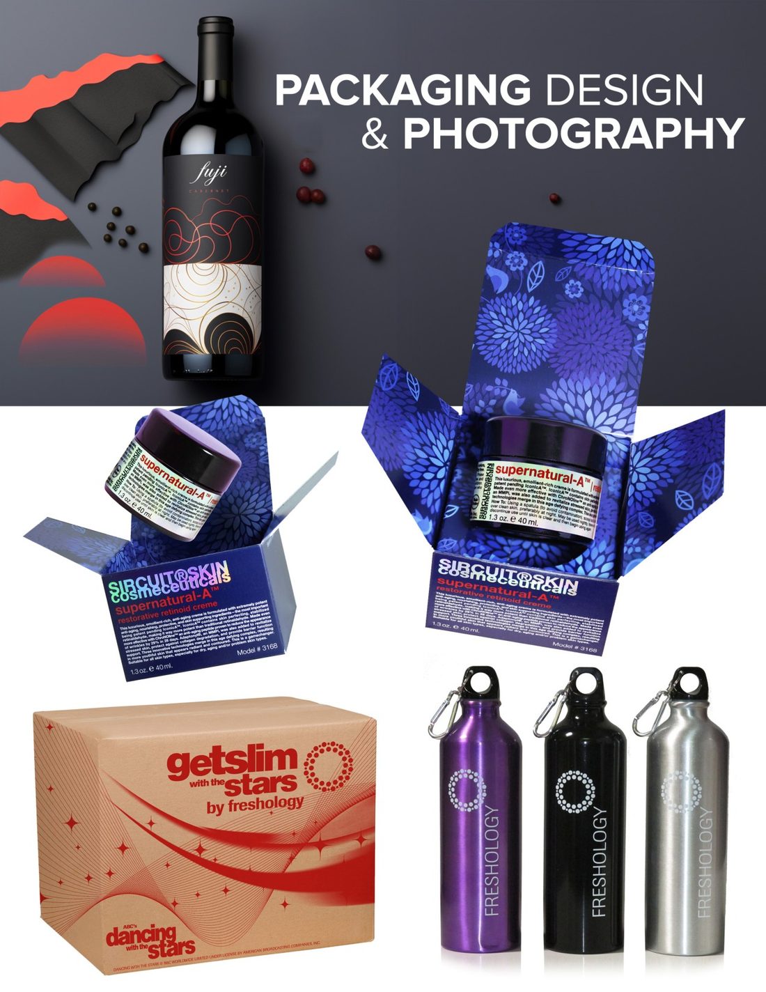 Product packaging design and photography for wine, skincare, and consumer goods