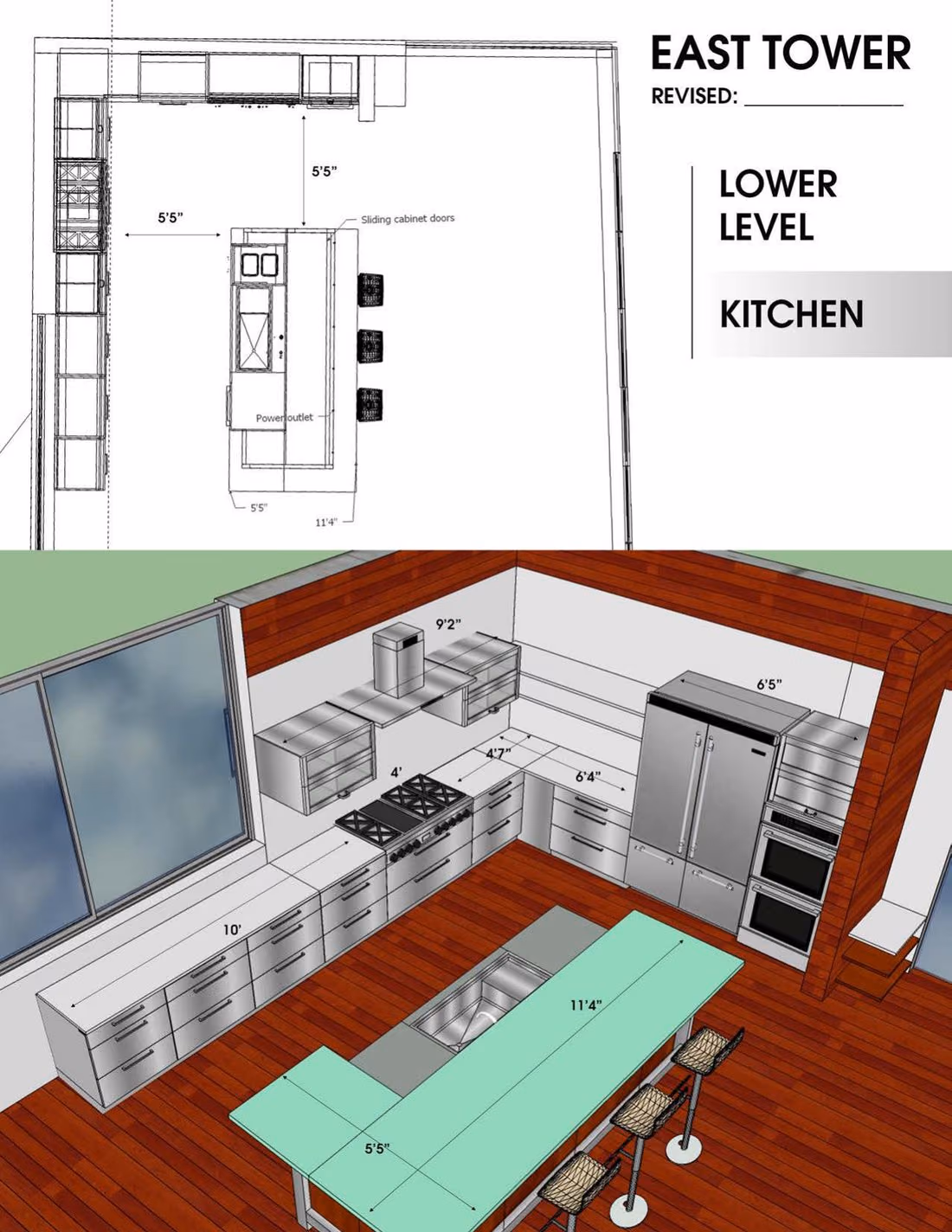 3D kitchen design render and cabinetry plan for the Rambla Pacifico renovation